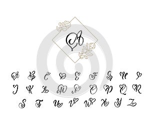 Handwritten heart calligraphy monogram alphabet. Valentine Cursive font with flourishes heart font. Cute Isolated