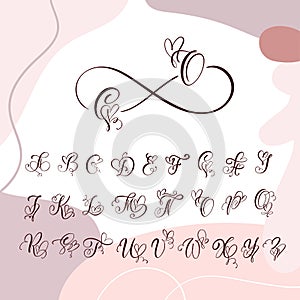 Handwritten heart calligraphy monogram alphabet. Valentine Cursive font with flourishes heart font. Cute Isolated