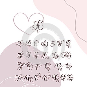 Handwritten heart calligraphy monogram alphabet. Valentine Cursive font with flourishes heart font. Cute Isolated letters. For