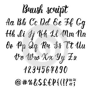 Handwritten latin calligraphy brush script with numbers and symbols. Calligraphic alphabet. Vector