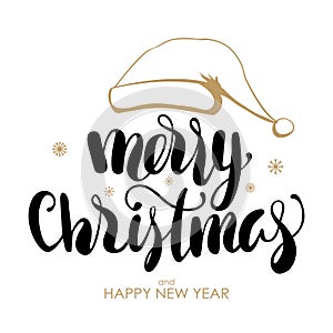 Handwritten lettering of Merry Christmas and Happy New Year with Hand drawn hat of Santa Claus on white background.