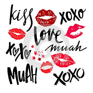 Handwritten Lettering with Red Woman Lips. Vector Lipstick Kisses. XOXO, Love, Kiss and Muah Phrases on Valentines Day.