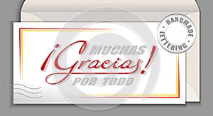 Handwritten lettering Spanish Muchas Gracias por todo - Many thanks for everything. Spain vector calligraphy Thank you very much