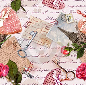 Handwritten letters, vintage photo of Eiffel Tower, hearts, rose flowers, stamps, keys. Repeating background, love