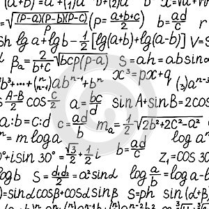 Handwritten mathematical equations and formulas seamless pattern.