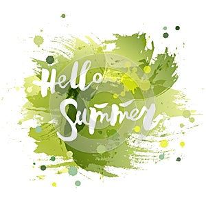 Handwritten modern lettering Hello Summer isolated on watercolor imitation background.