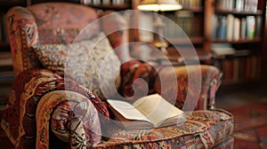 A handwritten note propped up on the armchair recommending the perfect book to get lost in photo