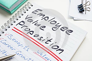 Handwritten notes in a notepad about Employee value proposition EVP.