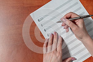 Handwritten notes and a treble clef. A sheet of paper with notes.