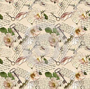 Handwritten notes, wild roses, post stamps, watercolor feathers, keys on paper background. Seamless pattern, vintage