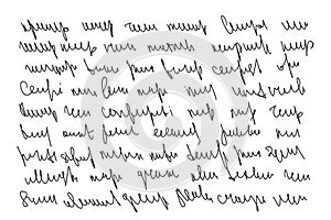 Handwritten scribble ink letter. Freehand text note. Unreadable doodle write by pencil isolated on white background. Illegible