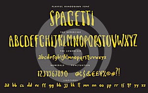 Handwritten script playful font Spagetti vector alphabet set