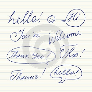 Handwritten short phrases. Hello, Thank You, Welcome, Thanks, Hi, Thx..