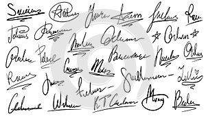 Handwritten signature. Manual signatures, manuscript sign for documents and hand drawn autograph lettering isolated