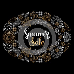 Handwritten Summer sale vector illustration in floral frame for poster. Special offer flyer, discount card design.