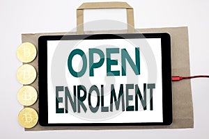 Handwritten text showing Open Enrolment. Business concept writing for Medicine Doctor Enroll Written on shopping bag and tablet wi