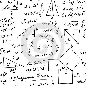 Handwritten trigonometric vector seamless pattern, hand drawn monochrome math formulas
