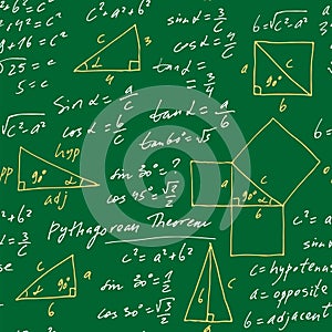 Handwritten trigonometric vector seamless pattern, hand drawn monochrome math formulas