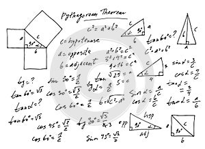 Handwritten trigonometric vector set, hand drawn monochrome math formulas isolated on white background