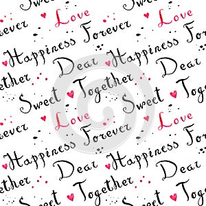 Handwritten vintage ink cursive font pattern with pink watercolor hearts