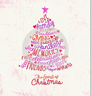 Handwritten word cloud Christmas tree greeting card design