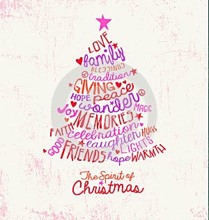 Handwritten word cloud Christmas tree greeting card design photo