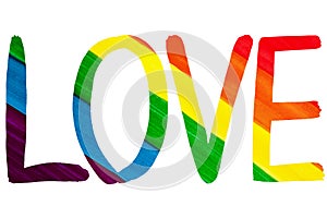 Handwritten word LOVE in rainbow colors on white background isolated close up, hand drawn watercolor letters LGBT pride flag color