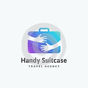 Handy Suitcase Travel Agency Abstract Vector Sign, Emblem or Logo Template. Tourist Luggage in Hands Concept.