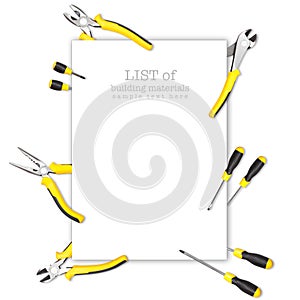 Handy tools forming background paper frame with pilers, claw and screwdriver