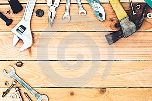 handy tools on wood Background with copy space
