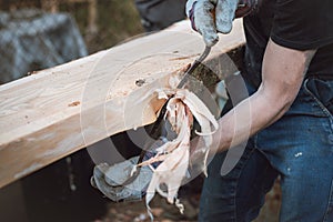 Handy woodcutter prepares larch wood for later processing. Planing wood. Working larch boards with traditional tools. Hand