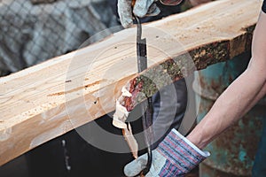 Handy woodcutter prepares larch wood for later processing. Planing wood. Working larch boards with traditional tools. Hand