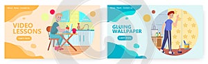 Handyman apply new wallpapers. Home renovation concept illustration. Vector web site design template. Man works with