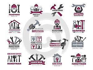 Handyman badges. Builders and workers contractor symbols technicians vector logotypes for handyman