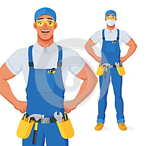 Handyman in bib overalls and protective glasses with arms akimbo. Vector cartoon character.
