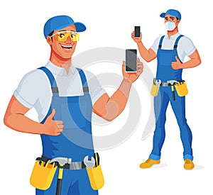 Handyman in bib overalls and protective glasses showing blank smartphone screen with thumb up. Vector cartoon character.
