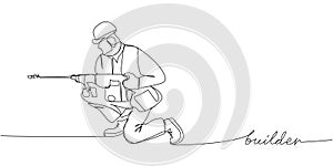 Handyman, builder, drill one line art. Continuous line drawing of repair, professional, hand, people, concept, support