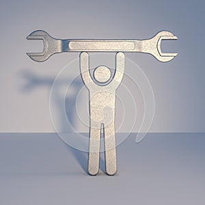 Handyman carries a wrench over his head 3d illustration