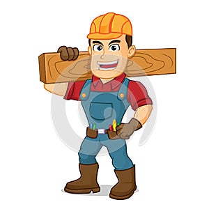 Handyman carrying wood plank