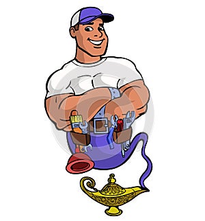 Handyman cartoon character like a genie came out of a magic lamp and smiles