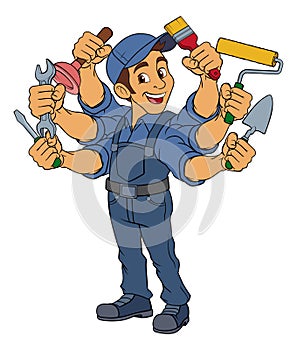 Handyman Cartoon Handy Man Caretaker Multitasking