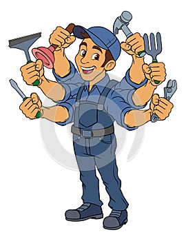 Handyman Cartoon Handy Man Caretaker Multitasking photo