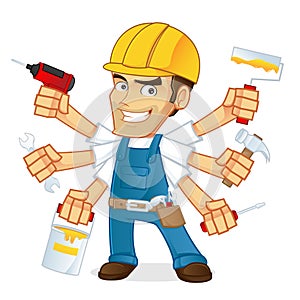 Handyman holding multiple tools photo