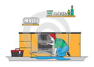 Handyman Character in Uniform Fixing Broken Dishwasher Technics at Home. Husband for an Hour Repair Service photo