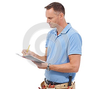 Handyman, contractor or man writing isolated on a white background with notebook, invoice and carpenter tools