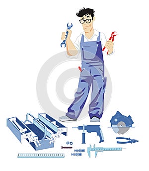 a handyman doing his own work, comic illustration