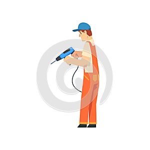 Handyman with Drill, Male Construction Worker Character in Orange Overalls and Blue Cap with Professional Equipment