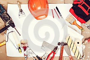 Handyman equipment. Construction tools. Home and house renovation background. Set of dirty buider tools