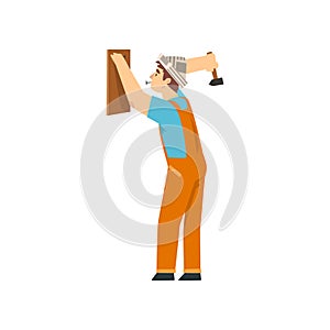 Handyman Hanging Wooden Board on Wall Using Hammer and Nails, Male Construction Worker Character in Paper Cap with