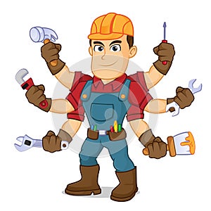 Handyman holding mutiple tools